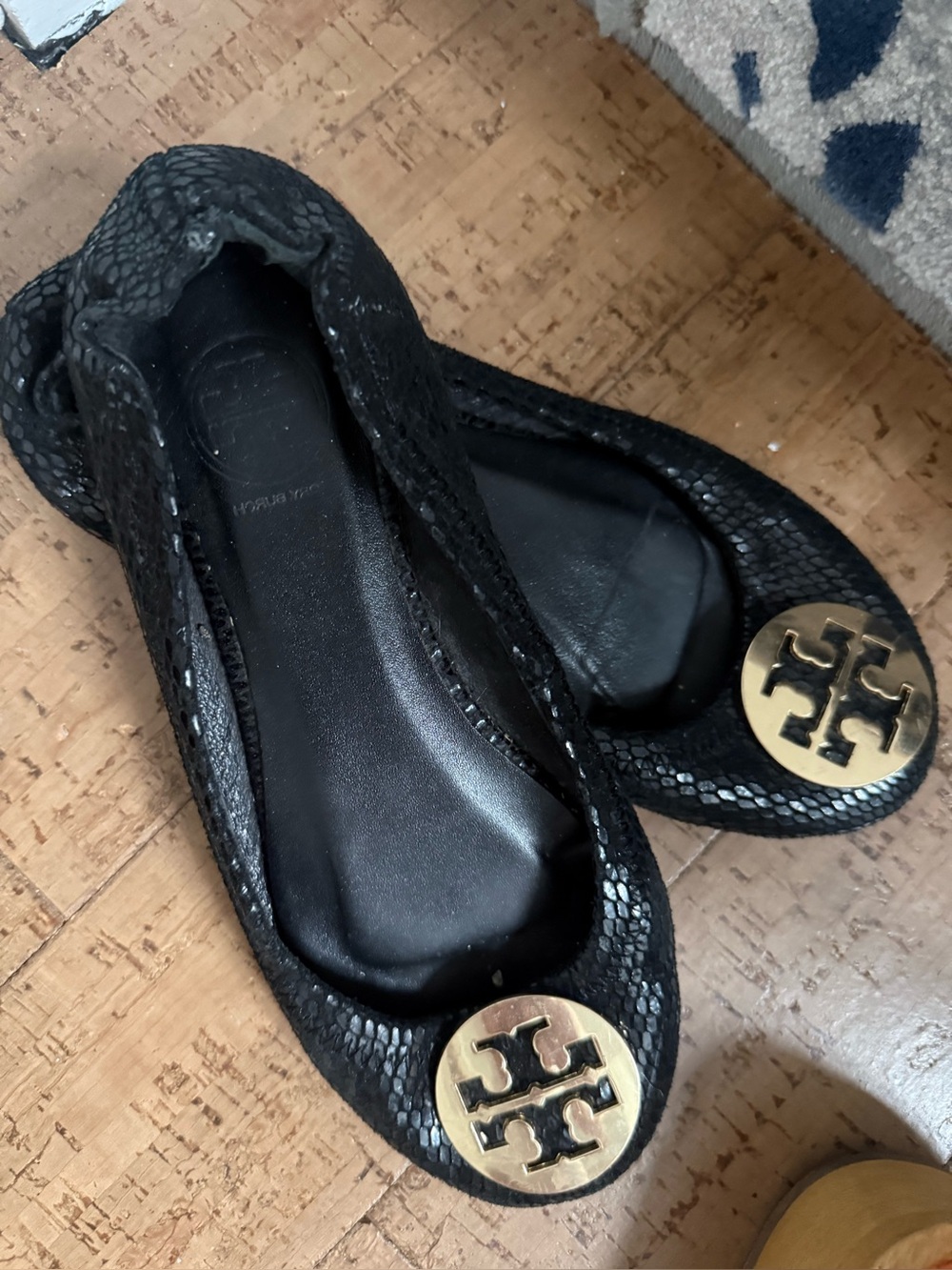 Tory Burch Black Snake-Embossed Ballet Flats with Gold Logo Medallion